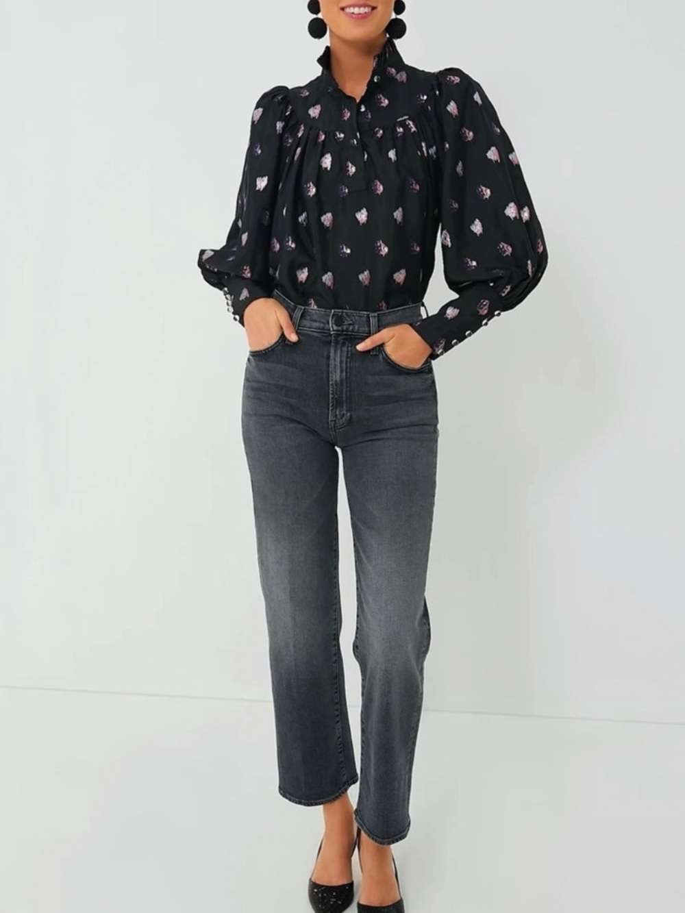 Tuckernuck Black And Blurred Dot Fil Coupe Corrigan Blouse 2X NWT